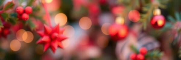 Festive decoration with red ornaments and blurred lights during holiday season celebration photo