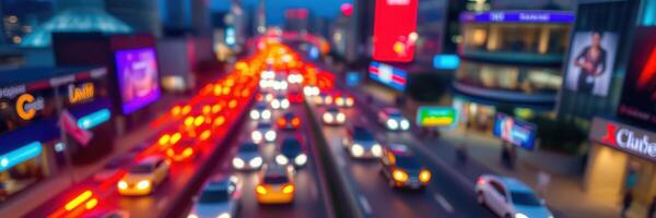 View of bustling city traffic at night with vibrant lights and urban atmosphere photo