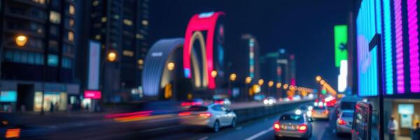 Urban nightscape featuring colorful lights and bustling traffic on a city highway photo