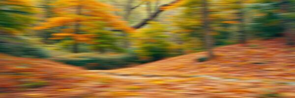 Vibrant autumn landscape with colorful foliage in motion captured on a scenic forest trail photo