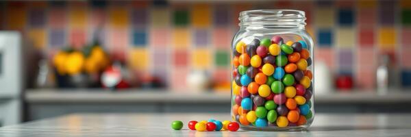 Colorful candy jar filled with assorted sweets on a kitchen countertop during daytime photo