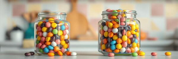 Colorful candy jars filled with assorted sweets displayed on countertop in bright kitchen photo