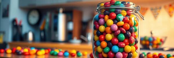 Colorful candy jar filled with various candies on a kitchen counter during a festive gathering photo