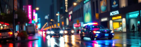 Emergency response vehicle navigates through a rainy urban street at night in a vibrant city photo