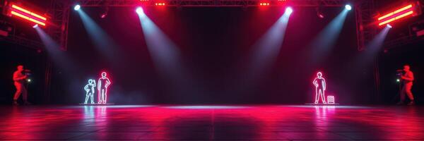 Dancers performing in neon light with cameras capturing the vibrant energy during a night event photo