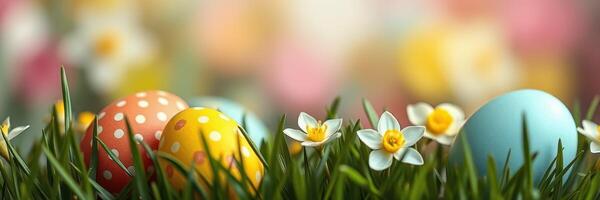 Colorful Easter eggs nestled among vibrant flowers in a green grassy setting during springtime photo