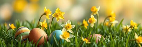 Colorful eggs nestled among vibrant daffodils in a sunny spring garden filled with lush green grass photo