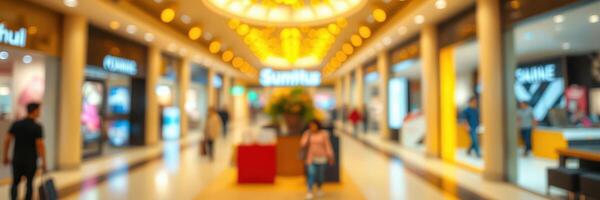 Shopping mall interior bustling with activity and vibrant lights in a modern retail space photo