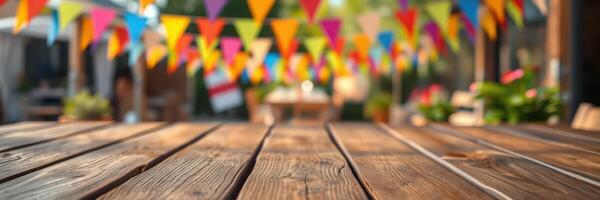 Colorful decorations and rustic table set for a festive gathering in a vibrant outdoor setting photo