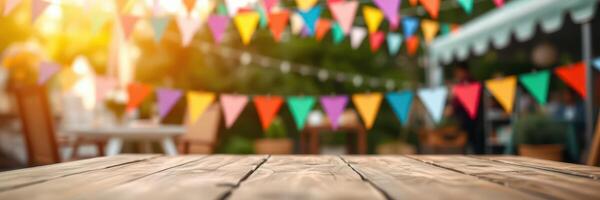 Colorful festive decorations create a vibrant atmosphere at an outdoor celebration in the evening light photo