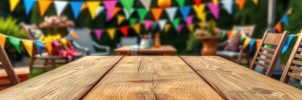 Colorful decorations create a festive atmosphere at an outdoor gathering with wooden tables and chairs photo
