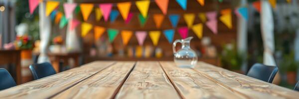 Colorful decorations enhance the vibrant atmosphere of an outdoor gathering at a rustic wooden table photo