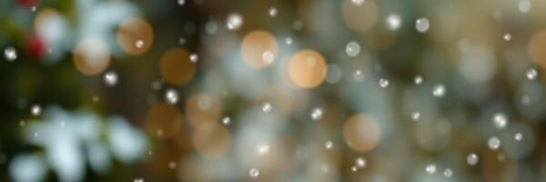 Soft snowfall creates a serene atmosphere in a winter landscape with blurred bokeh lights photo