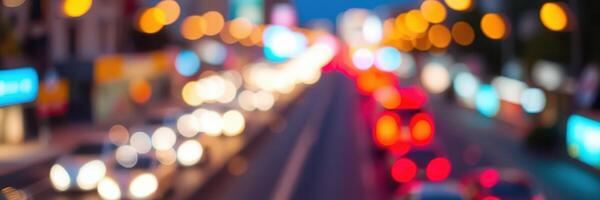 Evening city traffic illuminated by streetlights and blurred lights creating a vibrant urban atmosphere photo