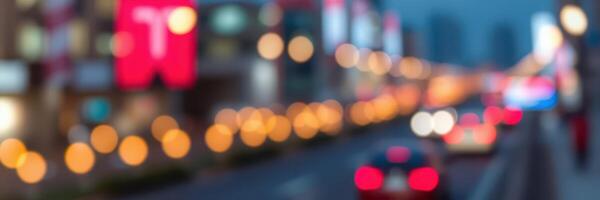 City streets illuminated with vibrant lights during evening rush hour photo