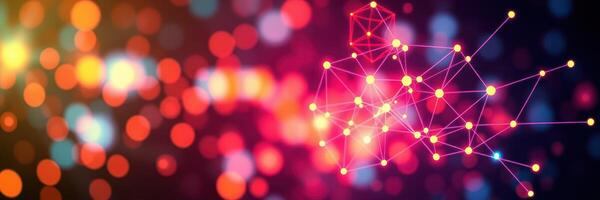 Colorful abstract background depicting a network connection with glowing nodes and blurred lights photo