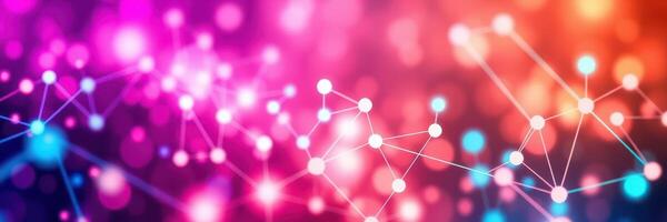 Colorful abstract background featuring glowing nodes and lines representing interconnected data and technology concepts photo