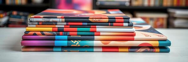 Stacked colorful magazines showcasing diverse cover designs on a table in a cozy library setting photo