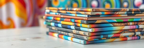 Colorful stack of patterned notebooks displayed on a bright decorative table surrounded by vibrant artwork photo