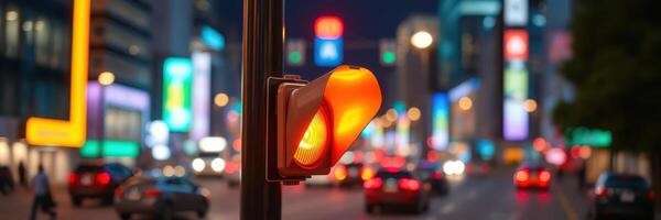 Traffic signal illuminated at night with urban backdrop and moving cars in a bustling city environment photo
