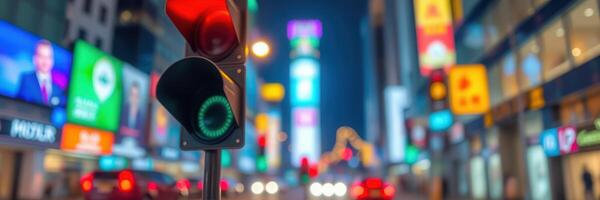 Night view of a bustling city intersection with traffic lights and illuminated billboards photo