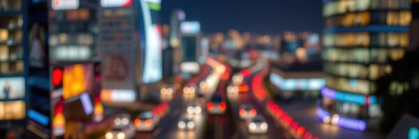 Nighttime cityscape with blurred traffic and illuminated buildings creating a vibrant urban atmosphere photo