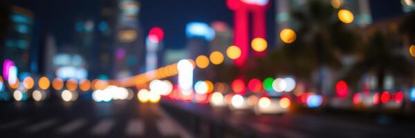 Vibrant city nightlife with blurred lights and traffic at a busy urban street photo