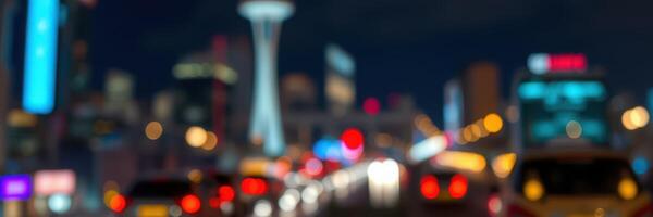Nighttime cityscape with blurred lights and iconic tower in a busy urban environment photo