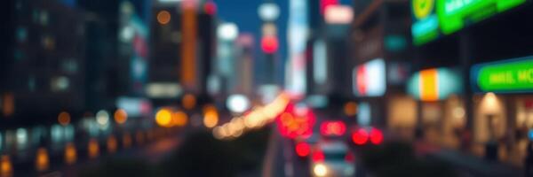 Vibrant city lights illuminate a bustling urban street at night with blurred movement creating a lively atmosphere photo