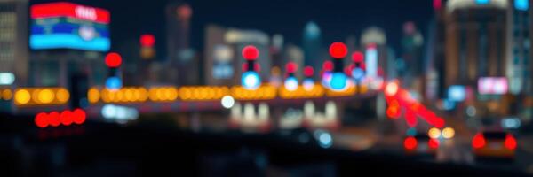 Nighttime cityscape illuminated by colorful neon lights with blurred traffic in motion photo