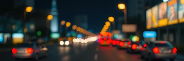 Nighttime city street filled with cars and illuminated buildings in the background photo