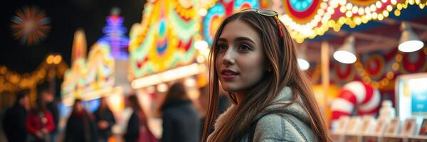 Young woman enjoying a festive evening at a colorful winter fair with lights and attractions photo