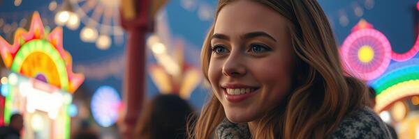 Smiling girl enjoys a colorful fair with bright lights in the evening photo