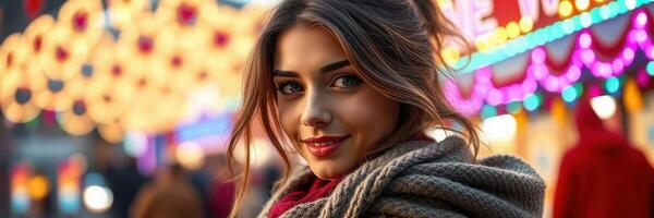 Young woman smiles amidst colorful lights at a festive fair during the evening photo