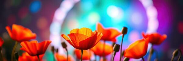 Vibrant orange flowers bloom under colorful lights in a magical garden setting during an evening event photo