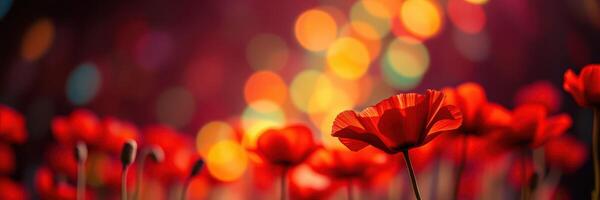 Vibrant red flowers bloom against a colorful bokeh background in a summer garden photo