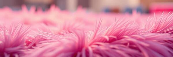 Soft pink fur texture fills the foreground in a cozy indoor setting decorated with warm colors photo