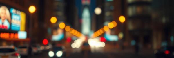 Evening city street illuminated by bright lights and bustling traffic in downtown area photo