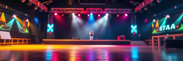 Brightly lit stage hosts performance at a lively event venue in the evening photo