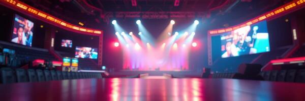 Exciting atmosphere at a live concert with vibrant lighting and engaging visuals in a packed arena photo