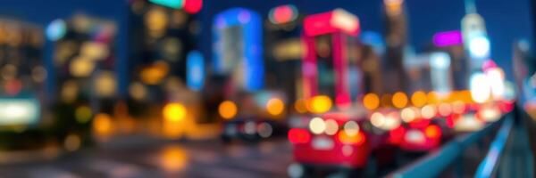 City nightlife with colorful lights and blurred traffic on a busy urban street at night photo