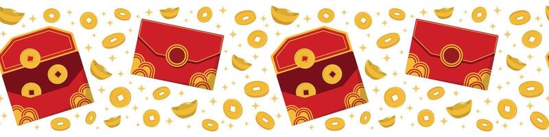 Chinese New Year red envelope and gold coins seamless pattern. Red seamless background with gold Chinese coins. Banner for Chinese New Year vector