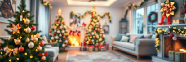 Cozy holiday living room decorated with Christmas trees and festive lights in a warm atmosphere photo