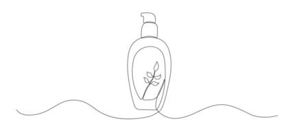 Liquid soap one continuous line illustration. Hand drawn doodle sketch of hygiene bottle vector