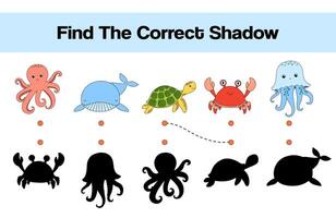 Find correct shadow with sea animals. Game worksheet. Cute crab, turtle and whale drawings set. vector