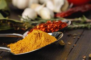 Spoon with spices on dark wooden table close up photo
