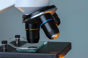 Scientific microscope lenses close up. Laboratory equipment photo