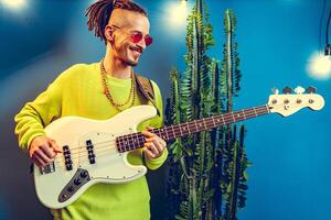 Cool guy with dreads practicing playing guitar at home photo