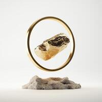 Unique gold and stone display featuring a levitating rock within a circular frame on a textured base photo