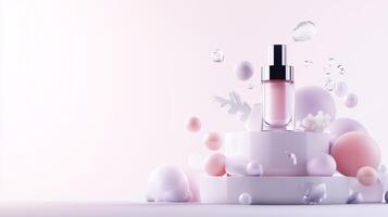 Elegant beauty product display with bubbles and soft background showcasing luxury skincare in a serene setting photo